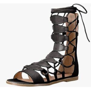 YDN Black Sexy Ankle High Gladiator Sandals for Women Lace up Open toe Flats Zip